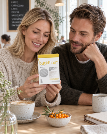 Adult woman and man reviewing the exact Elexir Pharma Buckthorn 60 Capsules carton in a Scandinavian café