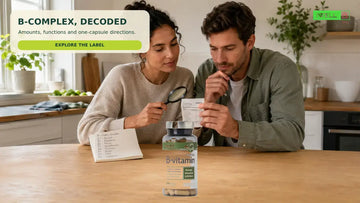 Woman and man decoding the Elexir B Vitamin Complex label together.