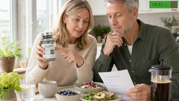 Adults reviewing the Elexir Selenium Organic Complex 100 microgram label