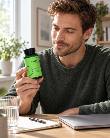 Man reading the Great Earth Awake 60 Capsules label at a home-office desk
