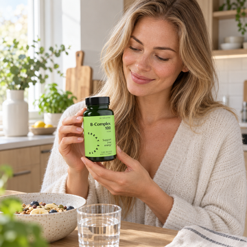 Woman holding Great Earth B-Complex 100 vegan tablets at breakfast in a bright Scandinavian kitchen