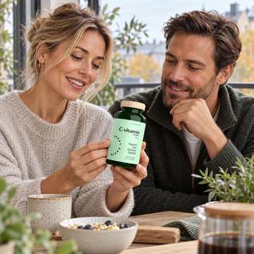 Adult woman and man reviewing Great Earth C-Vitamin Complex 120 tablets together in early autumn
