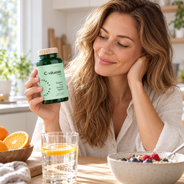 Woman holding Great Earth C-Vitamin Complex 120 tablets at breakfast in a bright Scandinavian kitchen
