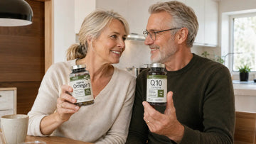 Adults over 55 holding Elexir Q10 and Vegan Omega-3 bottles