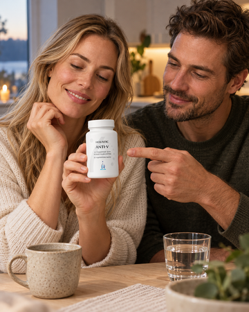Adult woman and man reviewing Holistic Anti-V 30 capsules together in an evening kitchen