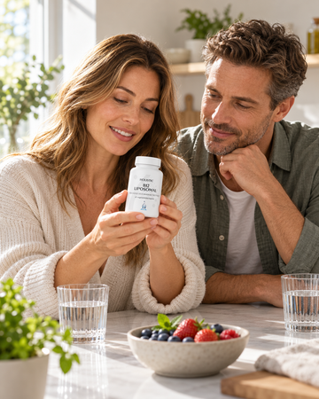 Adult woman and man reviewing Holistic B12 Liposomal 60 Capsules together in a sunlit Scandinavian kitchen