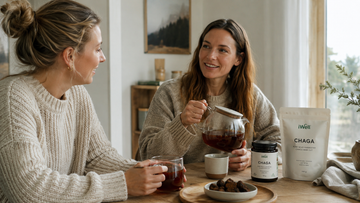 Two people preparing and discussing Holistic Chaga available through iwell.shop