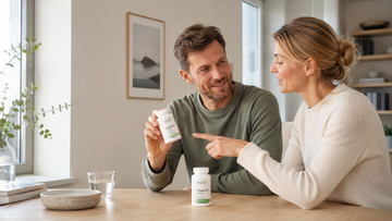 Couple comparing Elexir Pharma vitamin D options available through iwell.shop