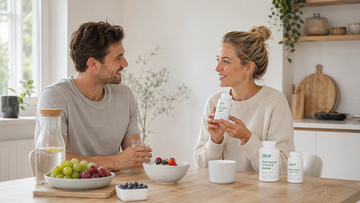 Couple comparing Great Earth vitamins and mineral supplements available through iwell.shop