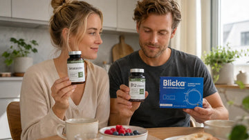 Woman holding Elexir Beta Carotene while a man holds Elexir B12 and Blicka at a kitchen table