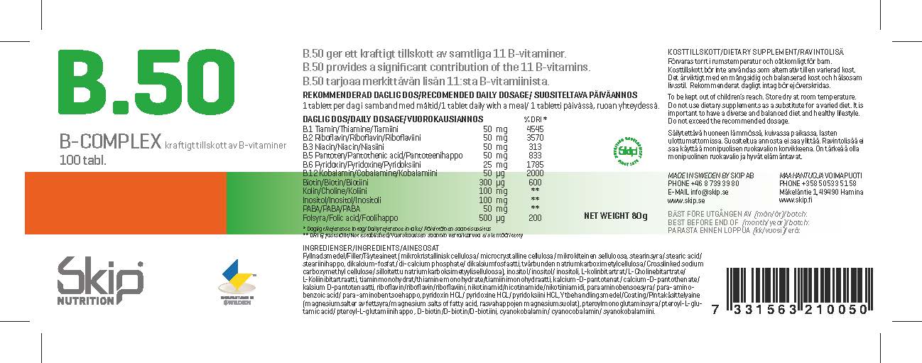 Skip B-50 B-Complex 100 Tablets back package image